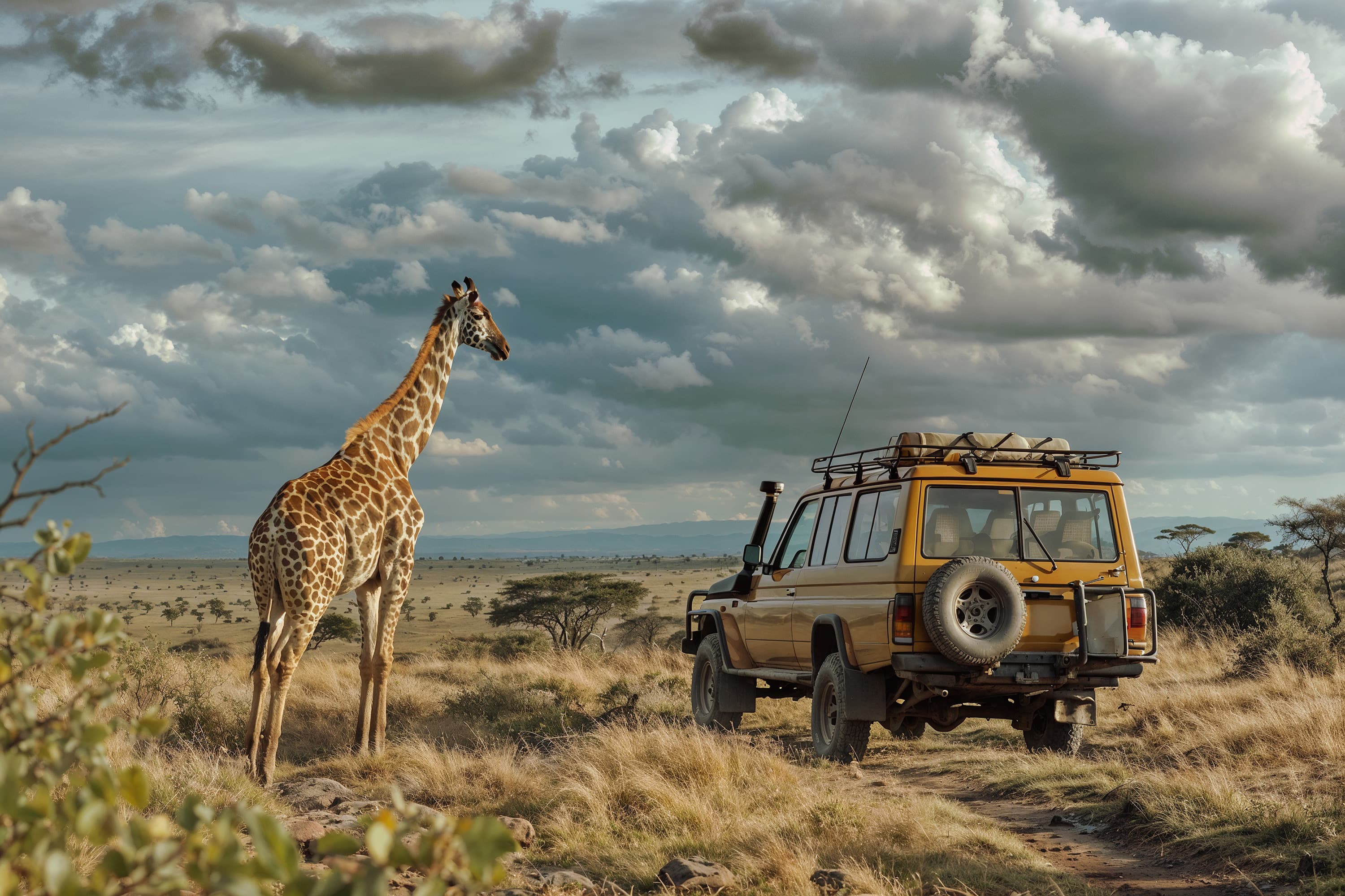 Une girafe et un 4x4 de safari dans la savane, sous un ciel nuageux
