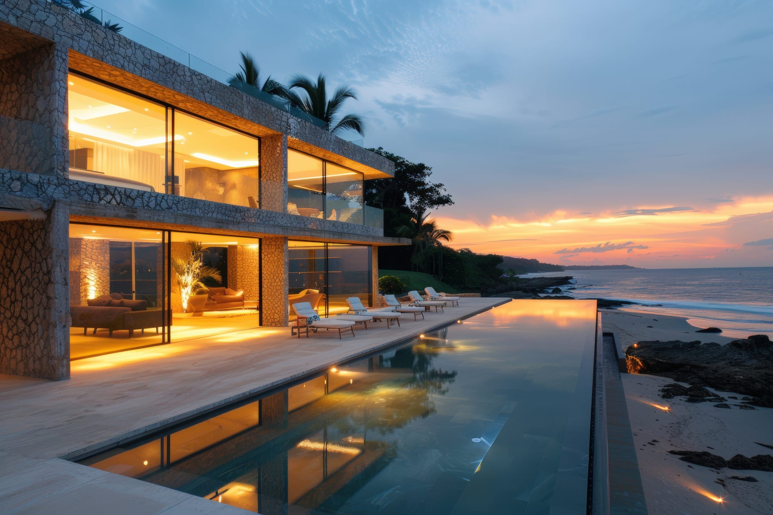 Villa contemporaine éclairée au crépuscule, avec piscine à débordement face à l'océan